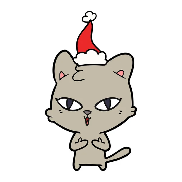 Line drawing of a cat wearing santa hat — Stock Vector