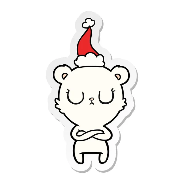 산타 모자를 쓰고 북극곰의 평화로운 스티커 만화 — 스톡 벡터