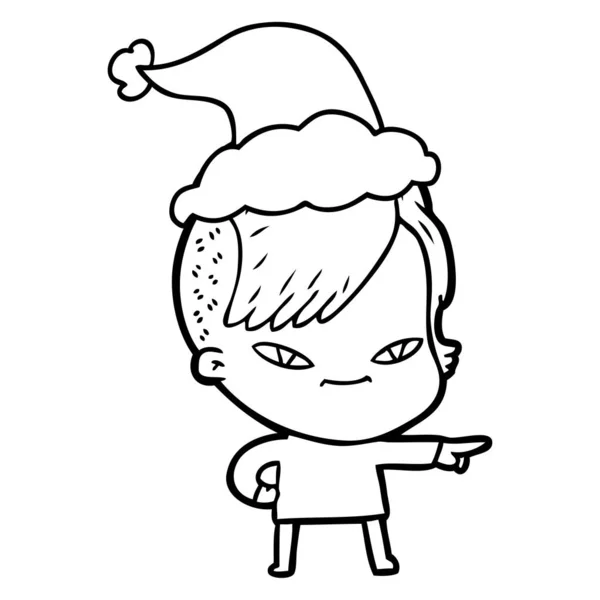 Lindo dibujo de línea de una chica con corte de pelo hipster usando santa h — Vector de stock