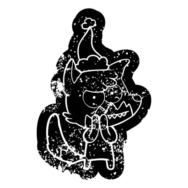 Cartone animato icona angosciata di una volpe sorridente indossa cappello di Babbo Natale — Vettoriale Stock