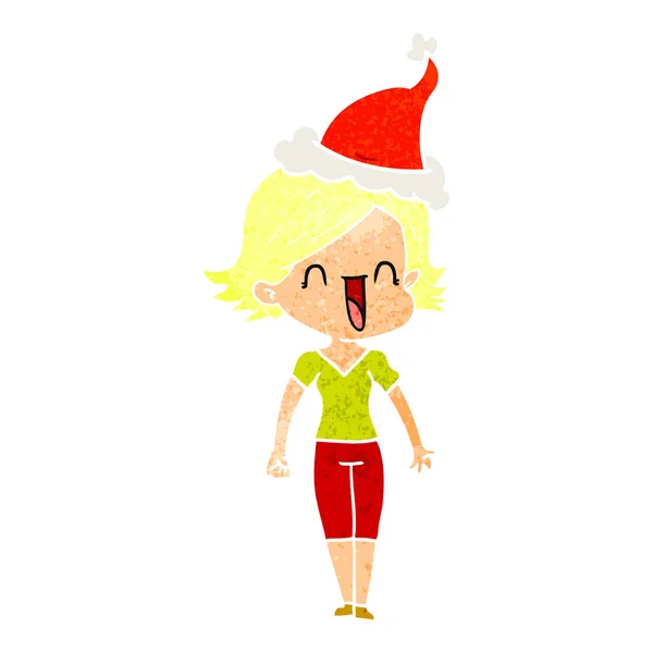 Dibujos animados retro de una mujer feliz con sombrero de santa — Vector de stock