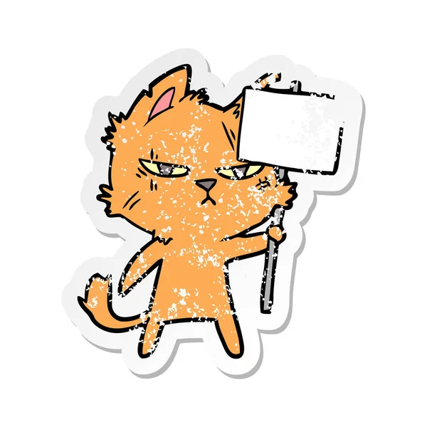 Verontruste sticker van een taaie cartoon kat met protest teken — Stockvector