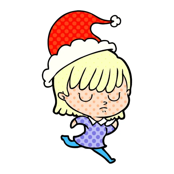 Illustration einer Frau mit Weihnachtsmütze im Comic-Stil — Stockvektor
