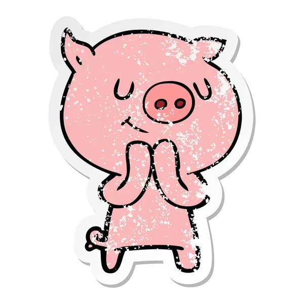 Distressed sticker of a happy cartoon pig — Stock Vector