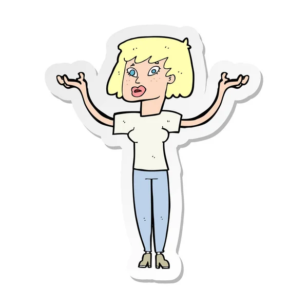 Sticker of a cartoon woman holding up hands — Stock Vector