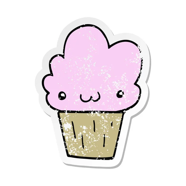 Etiqueta angustiada de um cupcake de desenho animado com rosto — Vetor de Stock