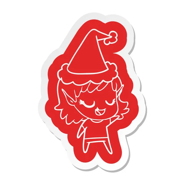 Noel Baba Şapkası Giyen Bir Elf Kızın Mutlu Ilginç Çizgi — Stok Vektör