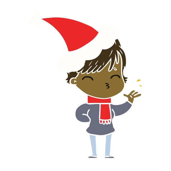 Flachfarbige Illustration einer denkenden Frau mit Weihnachtsmütze — Stockvektor