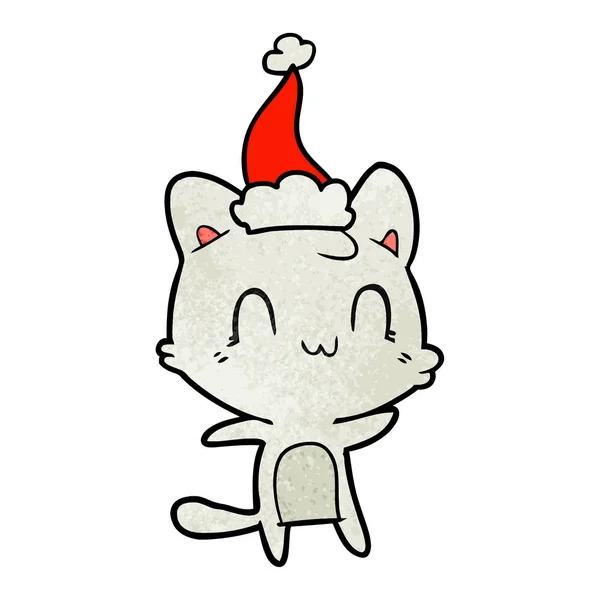산타 모자를 쓰고 행복 한 고양이의 질감된 만화 — 스톡 벡터