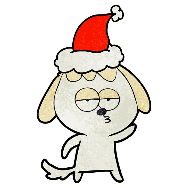 Dessin Animé Texturé Main Chien Ennuyé Portant Chapeau Père Noël — Image vectorielle