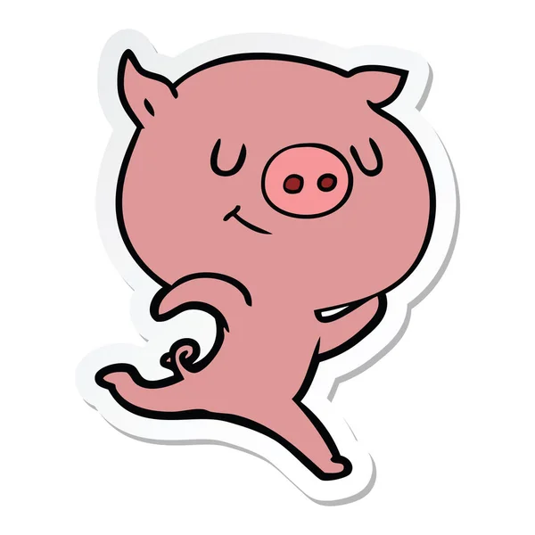 一个快乐的卡通猪运行的贴纸 — 图库矢量图片