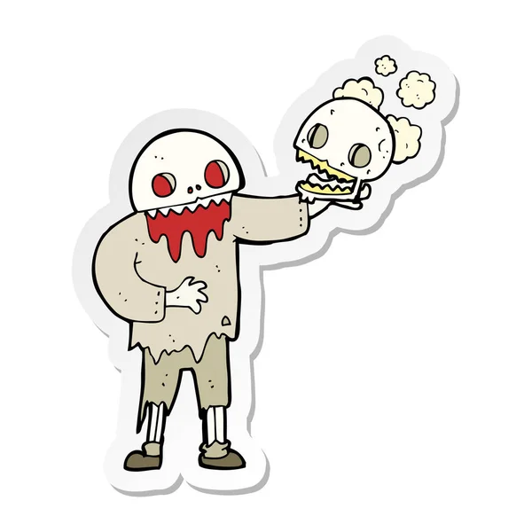 Autocollant d'un zombie dessin animé tenant un crâne — Image vectorielle