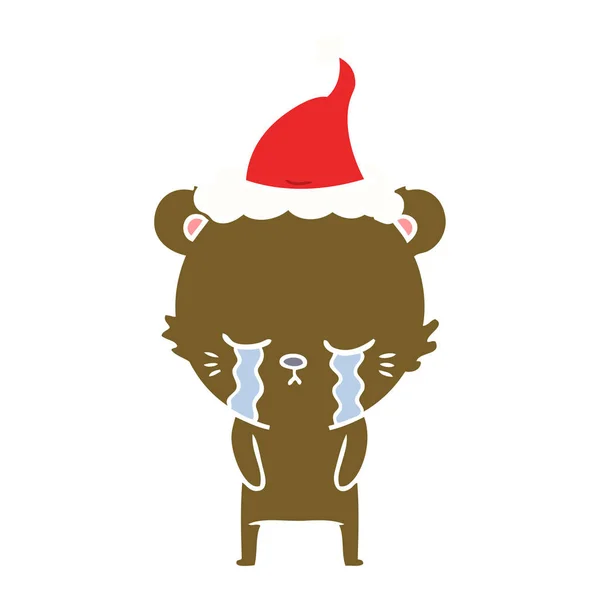 Crying Hand Drawn Flat Color Illustration Bear Wearing Santa Hat — Stock Vector