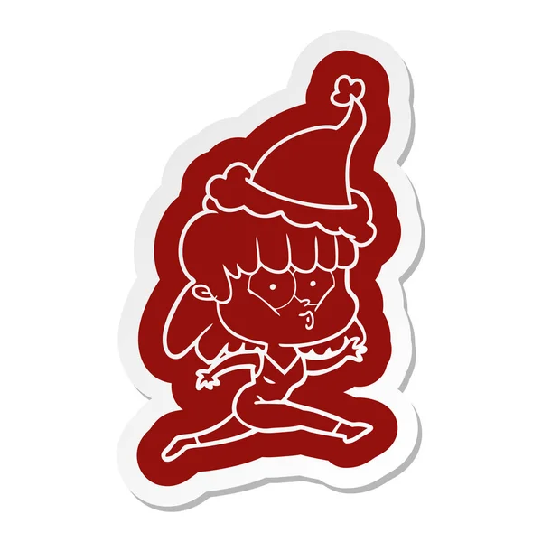 Cartoon  sticker of a woman running wearing santa hat — 图库矢量图片