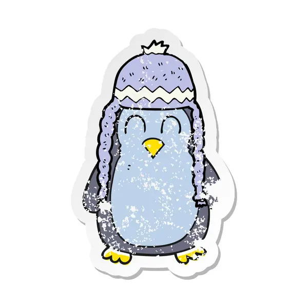 Pegatina retro angustiado de un pingüino de dibujos animados con sombrero — Vector de stock