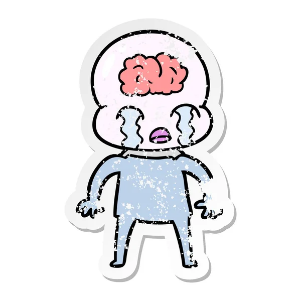Verontruste Sticker Voor Een Tekenfilm Grote Hersenen Alien Huilen — Stockvector