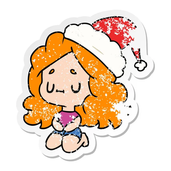 Christmas distressed sticker cartoon von kawaii girl — Stockvektor