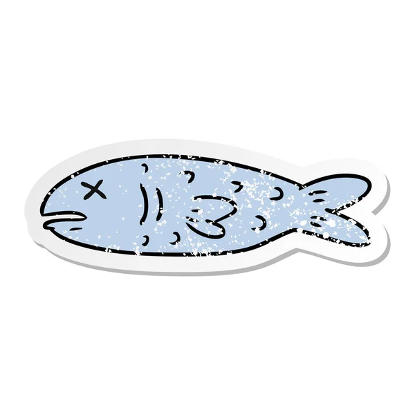 Etiket Karikatür Doodle Ölü Bir Balık Elle Çizilmiş Sıkıntılı — Stok Vektör