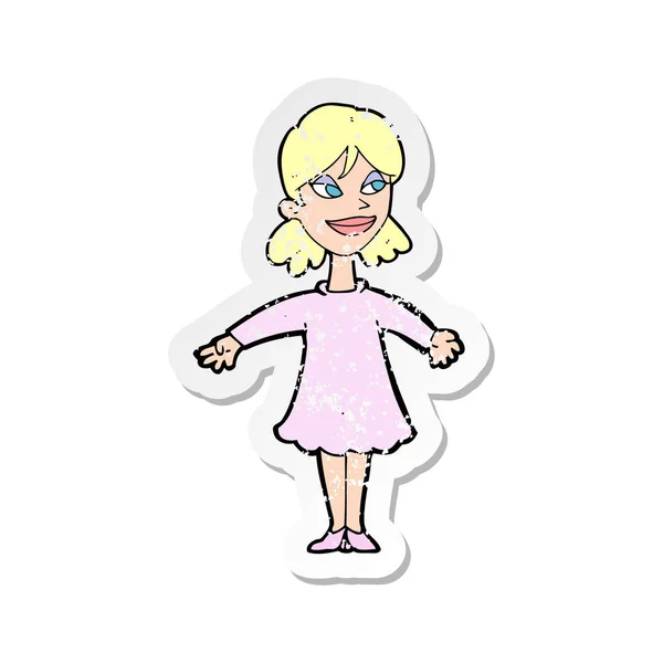 Retro Noodlijdende Sticker Van Een Cartoon Vrouw Met Open Armen — Stockvector