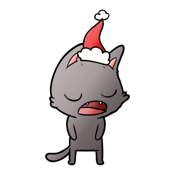 Falando desenho animado gradiente de gato de um chapéu de Pai Natal vestindo — Vetor de Stock
