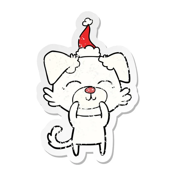산타 모자를 쓰고 강아지의 고민된 스티커 만화 — 스톡 벡터