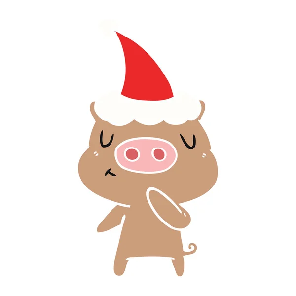 Handgezeichnete Flache Farb Illustration Eines Zufriedenen Schweins Mit Weihnachtsmütze — Stockvektor