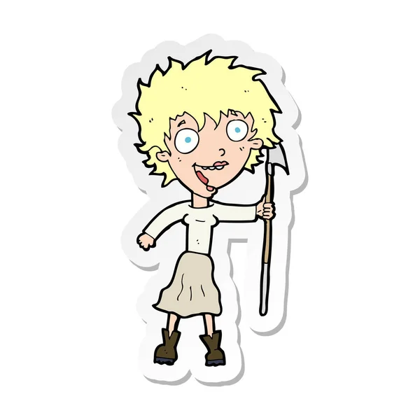 Sticker of a cartoon crazy woman with spear — Stock Vector