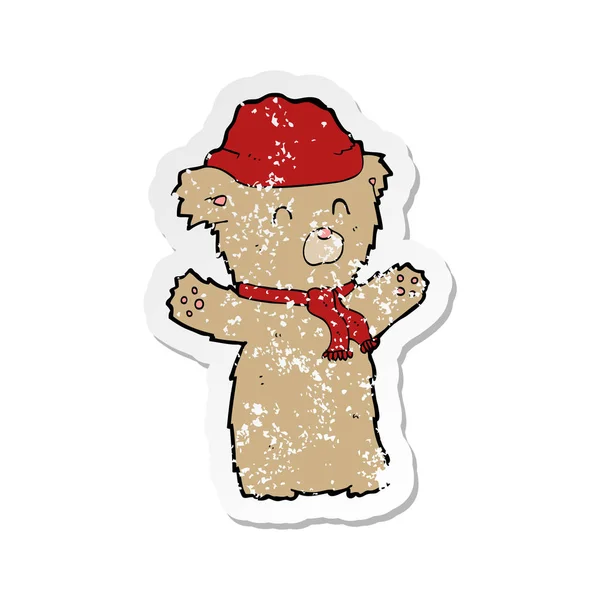 Retro Aufkleber Eines Cartooon Teddybären Mütze Und Schal — Stockvektor
