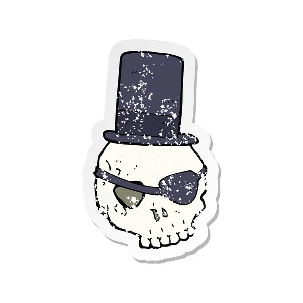 Pegatina retro angustiado de un cráneo en la caricatura sombrero de copa — Vector de stock