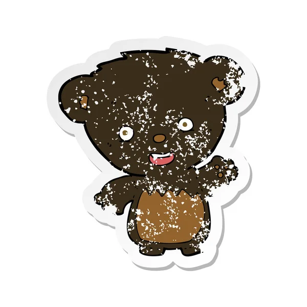 Etiqueta Angustiada Retro Bearcub Preto Dos Desenhos Animados Acenando — Vetor de Stock