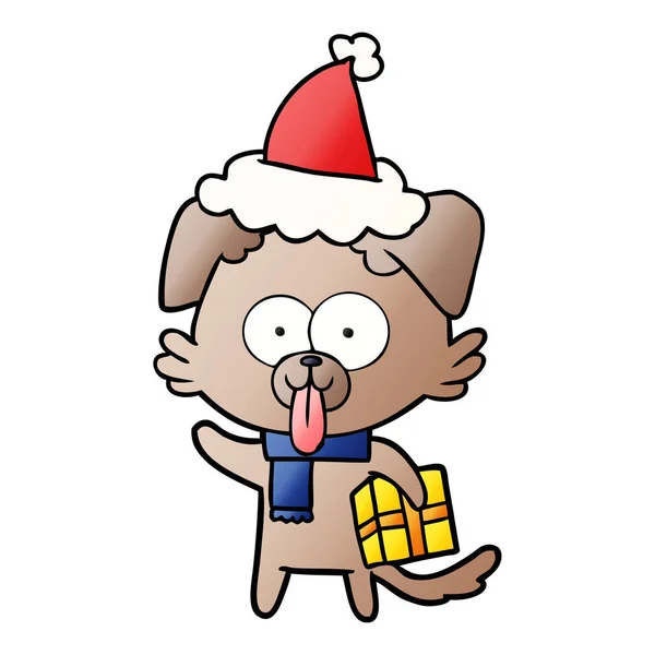 Desenho animado gradiente de um cão com presente de Natal vestindo santa h — Vetor de Stock