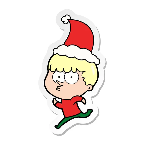 Hand Drawn Sticker Cartoon Curious Boy Running Wearing Santa Hat — Stock Vector