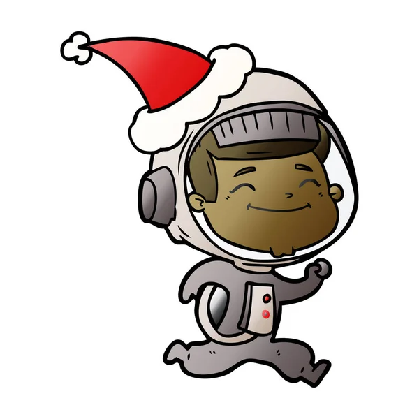 Glückliche Handgezeichnete Gradienten Karikatur Eines Astronauten Mit Weihnachtsmütze — Stockvektor