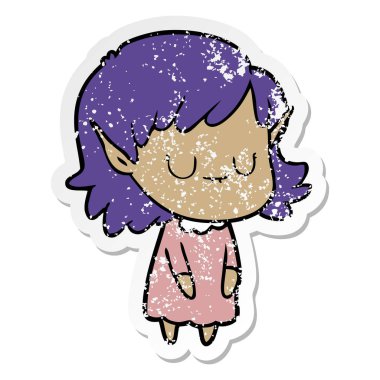 elbise giyen bir mutlu karikatür elf kızın sıkıntılı etiket