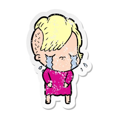 bir çizgi film ağlayan kızın sıkıntılı etiket