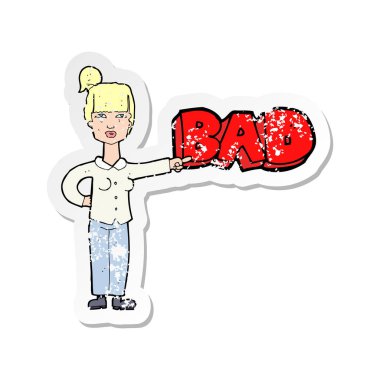 kötü işaret eden bir çizgi film kadının Retro sıkıntılı etiket