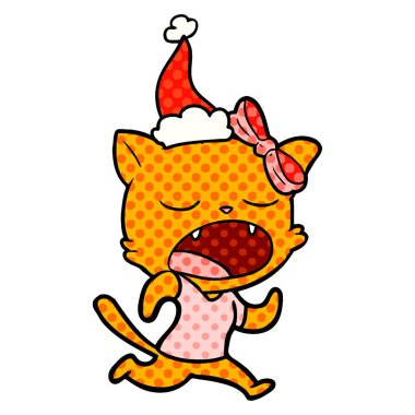 Noel Baba şapkası giyen bir esneme kedi çizgi roman tarzı gösteren resim
