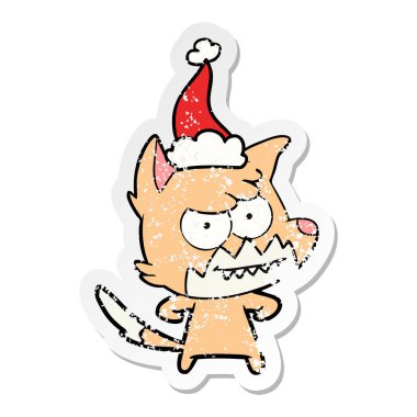 sıkıntılı etiket karikatür Noel Baba şapkası giyen bir sırıtış Fox el çekilmiş