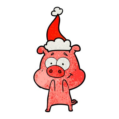 mutlu el domuz Noel Baba şapkası giyen bir dokulu çizgi film çekilmiş