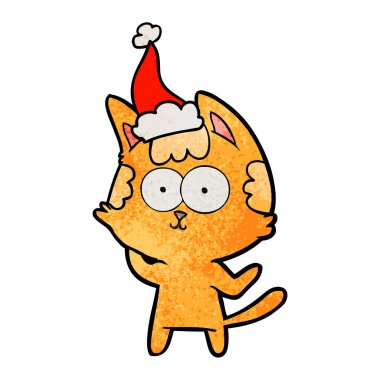 mutlu dokulu çizgi film Noel Baba şapkası giyen bir kedi