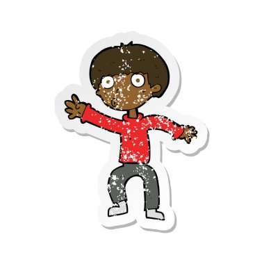 Retro sıkıntılı etiket uyarı sallayarak bir çizgi film çocuk