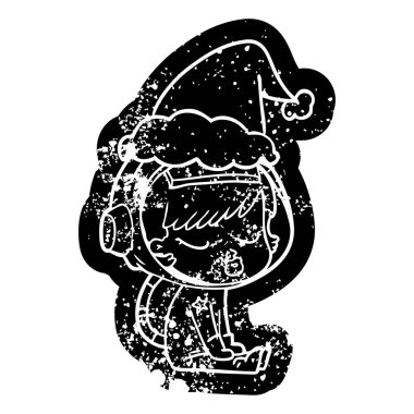 ilginç çizgi film Noel Baba şapkası giyen bir güzel astronot kız oturma bekleyen simgesi sıkıntılı