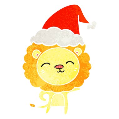 Noel Baba şapkası giyen aslan retro çizgi film el çekilmiş