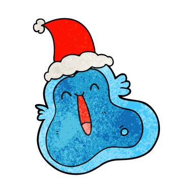 Noel Baba şapkası giyen bir mikrop dokulu karikatür el çekilmiş