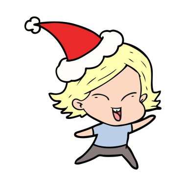 Noel Baba şapkası giyen bir kız mutlu çizgi çizme