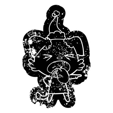 Noel Baba şapkası giyen bir tiksinti köpek çizgi film sıkıntılı simgesi