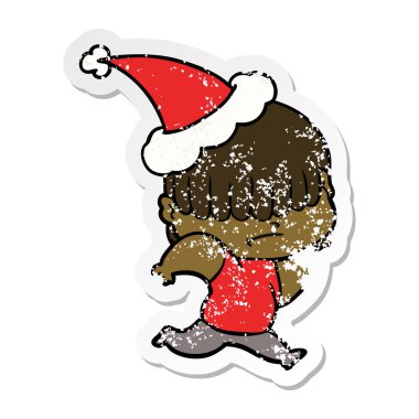 sıkıntılı etiket karikatür san giyen dağınık saçlı bir çocuğun