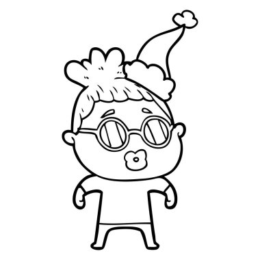 çizim için Noel Baba şapkası giyen gözlük takan bir kadının el çekilmiş