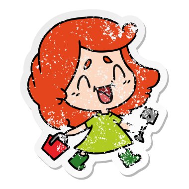 kova ve s ile şirin kawaii kızın sıkıntılı etiket çizgi film