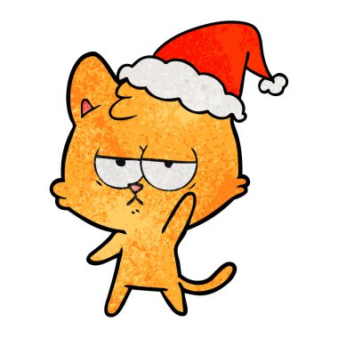 Noel Baba şapkası giyen bir kedi dokulu karikatür sıkılmış